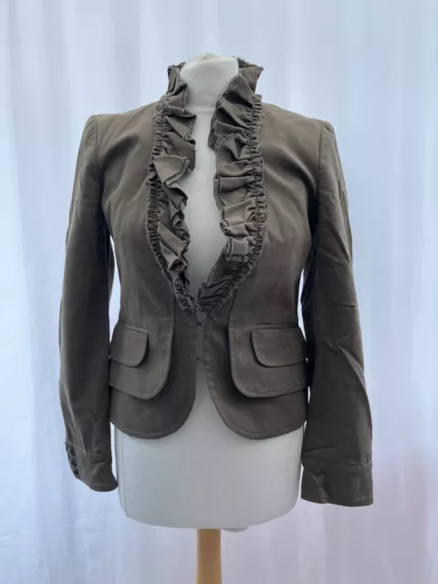 Jacket Mango Size 10 Khaki Green Cotton Ruffle Collar Long sleeve Womens