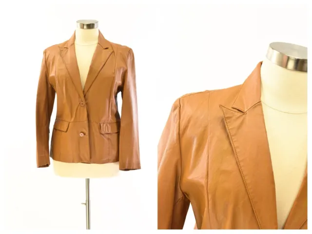 90s Vintage Cognac Leather Blazer Womens XL  Jacket Bagatelle