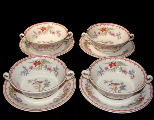 4 Syracuse China Old Ivory Bombay Handled Cream Soup Bowl and Underplate Sets