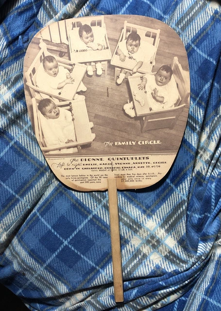 Vintage 1935 Advertising Stick Fan~N Haledon, NJ Bus Line~Dionne Quintuplets
