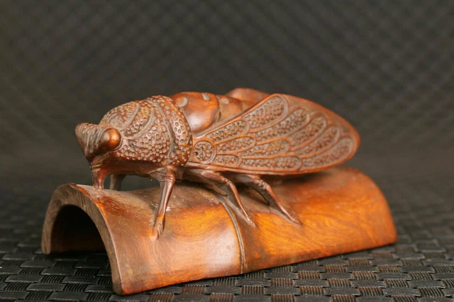 Japanese Boxwood Hand Carved Cicada Figure Statue Collectable Art