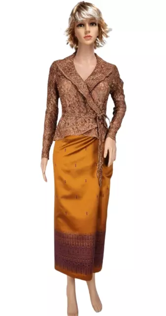 Khmer 2 Piece Gold Lace Blouse Korean Silk Skirt Women Size M