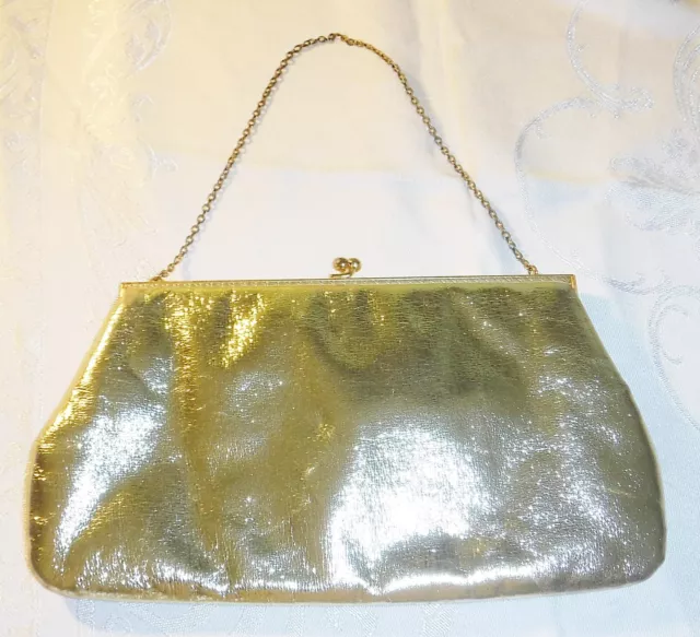 Wow Vintage 50S-60S Pale Gold Faux Leather Evening Bag Chain Handle Etched Frame