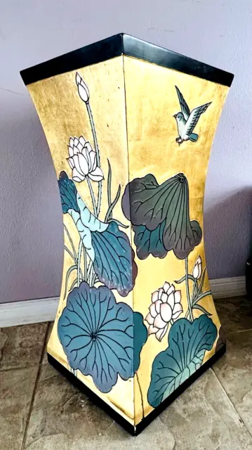 Vtg Chinese Black & Gold Leaf Lacquered Lotus/Avian Decor Stand