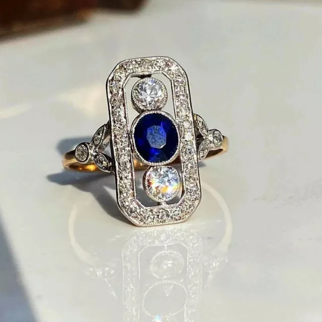 Art Deco Style Sapphire Lab-Created Diamond Two-Tone Engagement 925 Silver Ring