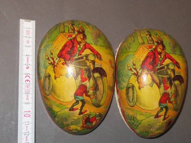 Altes Osterei zum befüllen 12,5cm Pappe Hase Motorrad Küken & Zwerge !