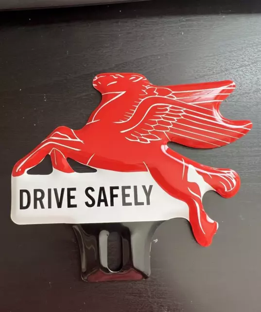 Vintage Style of a 1950’s Mobiloil Pegasus License Plate Topper Drive Safely