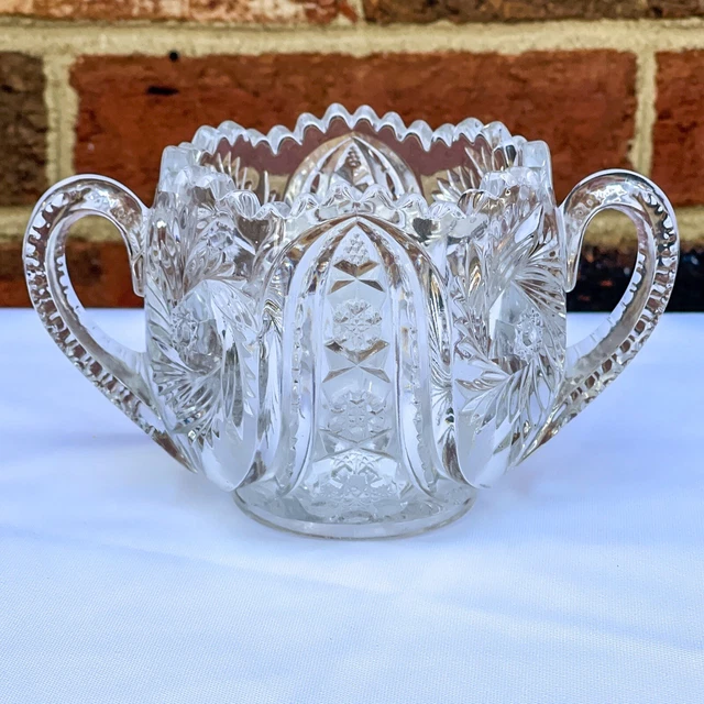 American Brilliant.Sugar Bowl Cut Glass Double Handled Saw Tooth Edge 3.5” X 6”