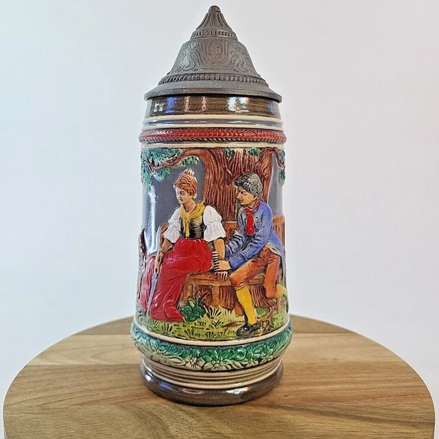 VINTAGE GERZ BEER Stein West German Rare Couple Design Pewter Lid 9