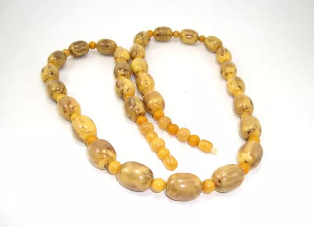 Yellow w/ Brown Swirls Bakelite Round & Oval Bead Necklace 35 inches Long