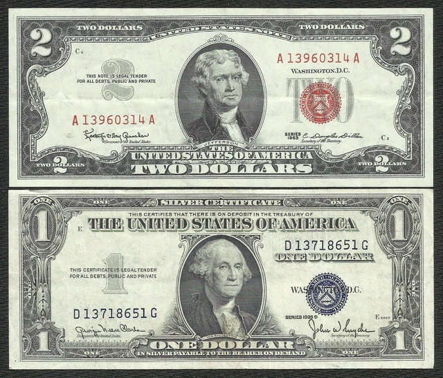1963 $2 RED! 1935D $1 *SILVER* 2 Notes! CRISP VF! Old US Paper Money Currency!
