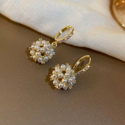 1Pair Elegant Zircon Ball Pearl Gold Plated Ear Earrings Stud Women Wedding