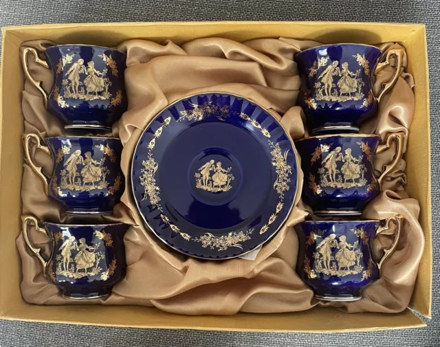 Vintage Fine Porcelain Cobalt Blue Teacups Coffee Set Of 6 And Matching Saucers