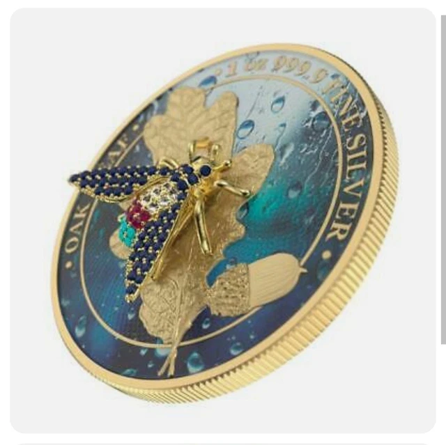 2019 Germania 5 Marks Oak Leaf **Fly** Bejeweled 1 Oz .999 Silver Coin Gilded