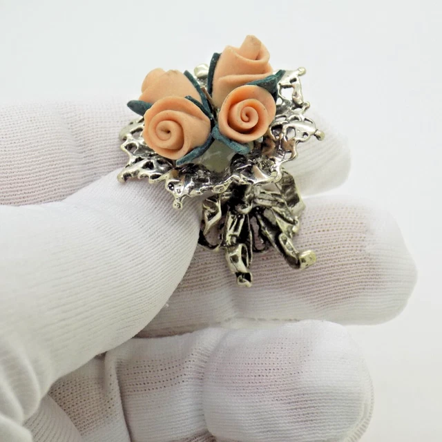 Vintage IN Argento Massiccio Italiano Fatto Delicate Bouquet di Fiori Statuina