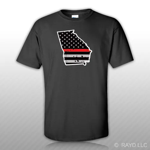 Distressed Thin Red Line Georgia State Shaped Subdued US Flag T-Shirt Tee Shirt