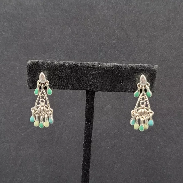 Lauren Conrad LC Pierced Earrings Silver Plated Blue Green Enamel 1 1/8"