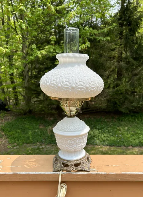 Vintage Floral milk glass and brass lamp with original shade works
