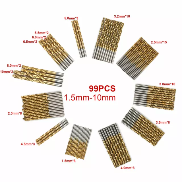 99PCS 1.5-10mm Drill Bit Set HSS Metric Titanium Coated For Wood Plastic Metal 2