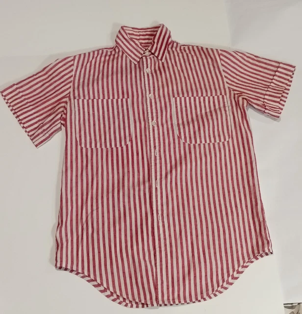 1980s Men's Button Up Shirt Red And White Short Sleeve Vintage Candy Stripe