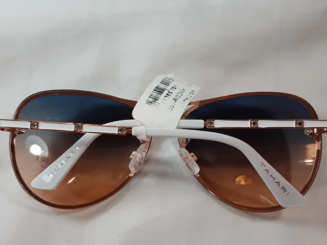 NWT ELIE TAHARI Aviator Sunglasses Rose Gold & White with Diamond Temple TH651