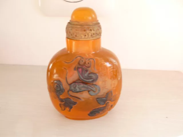 Ancien flacon tabatière à opium sels poudre parfum Asie du Sud décor poissons