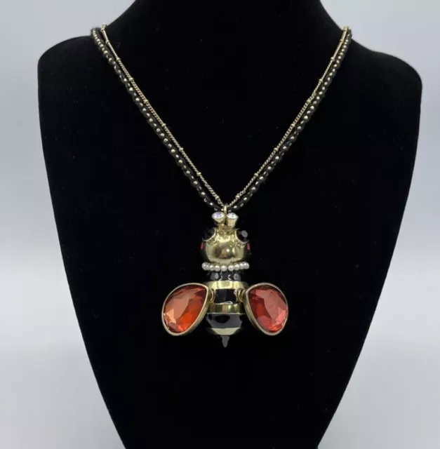 Betsey Johnson Bumble Bee Rhinestone Bling Gold Tone Two Strand Necklace Signed 