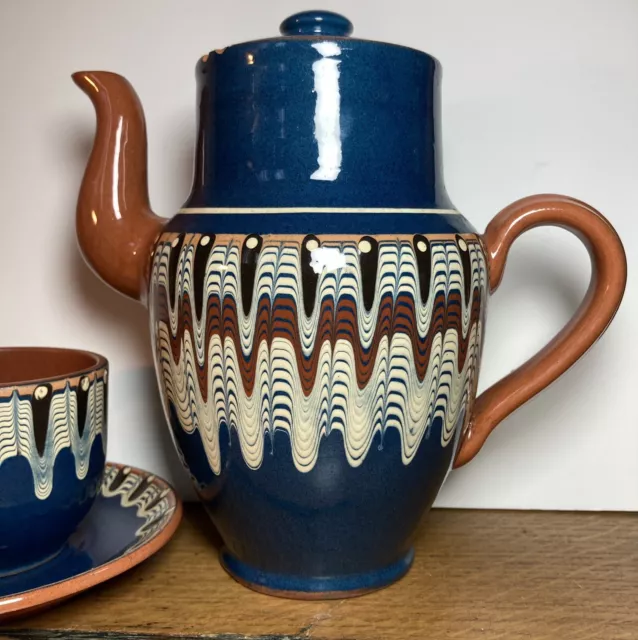 Troyan Bulgarian Pottery Slip ware Tea For 2 Set Blue 3