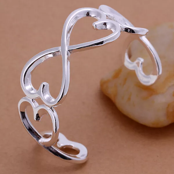 925 Sterling Silver Heart Bangle Bracelet Women Open Silver Bangle Jewelry B006