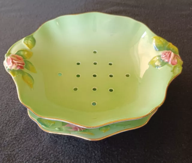 Vintage Royal  Winton Grimwades Rose Bud Green Colander/Strainer Set