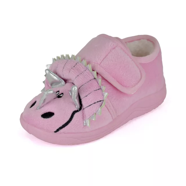 Toddlers Pink Triceratops Easy Access Fleece Slipper Booties UK Sizes 4-10