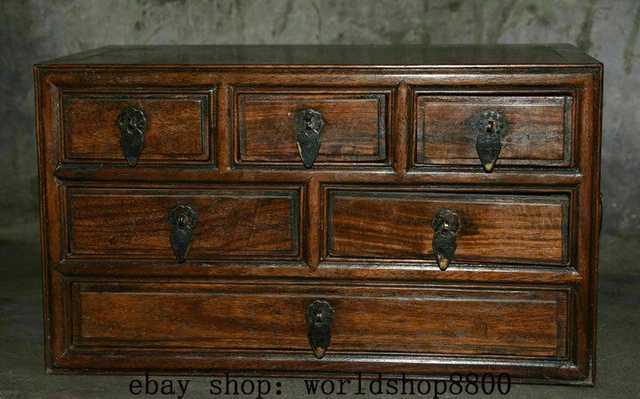 14" Ancient Chinese Huanghuali Wood Dynasty Carved 3 layer drawer jewelry Box