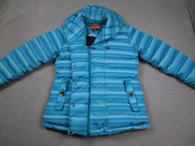 Merrell Down Jacket Womens Small Blue Striped Full Zip Snap Button Pockets