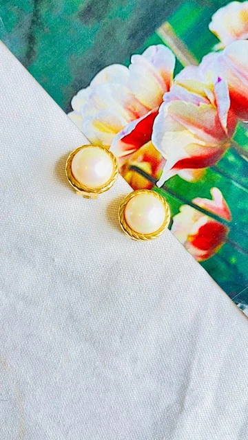 Christian Dior Vintage 1980s Large Round White Pearl Twist, Clip Earrings Gold