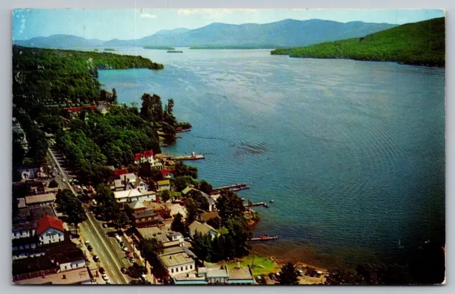 Lake George NY New York Postcard Lake Diamond Islands Canoe Aerial View Roads