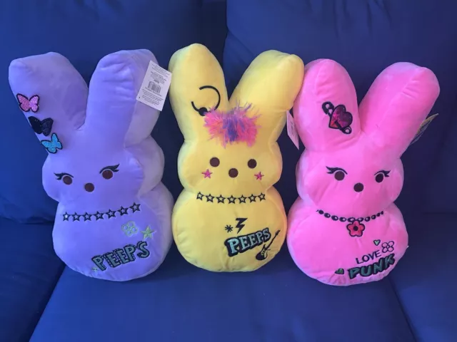 Peeps Easter Bunny Set of 3 Emo Bunny Plush Pink Yellow Purple 17" Large NWT