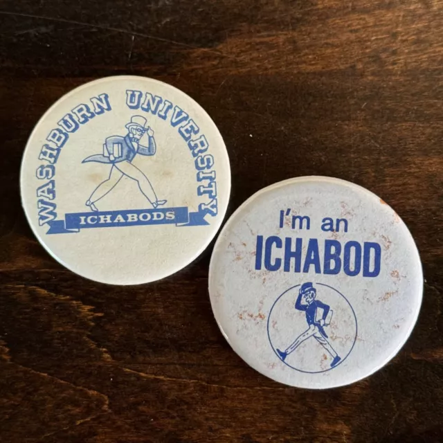 2 Vintage Washburn University Ichabods Pinback Buttons Topeka Kansas