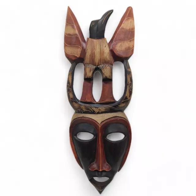 Vintage Wood Haiti Tribal Mask With Bird On Top Hand Carved & Paint Wall Decor