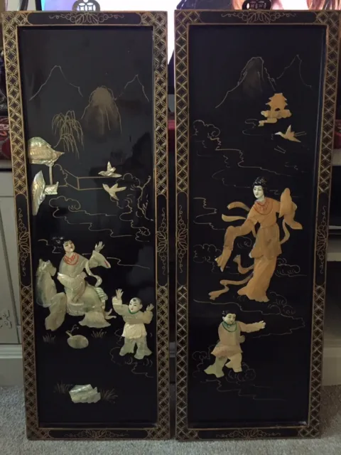 Vintage Pair of Mother of Pearl Inlaid Wooden Japanese Panels.
