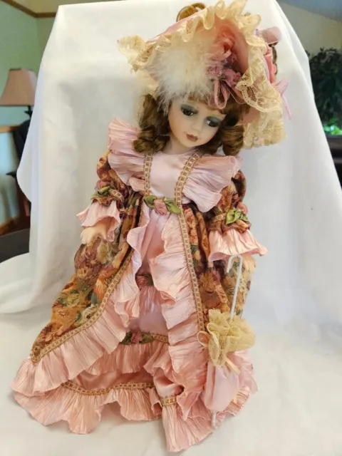 Dandee Collector's Choice Porcelain Doll 17" Pink Floral Victorian Lace Umbrella