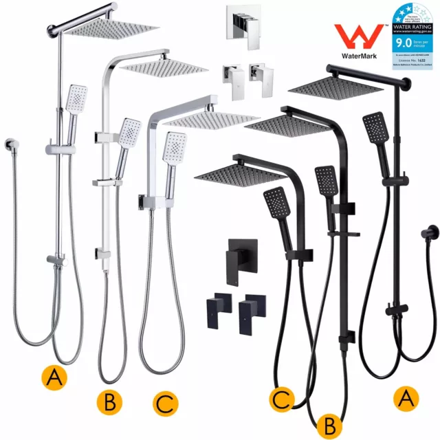 WELS Square 8" Rain Handheld Twin Shower Head Sliding Rail Arm Set Black/Chrome