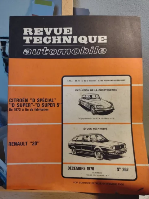 Revue Technique Automobile - Renault 20 L, TL et GTL - N° 362 - Décembre 1976