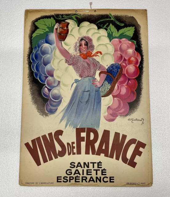 Ancien Carton Publicitaire Vins De France 45x32,5 Signé GALLAND
