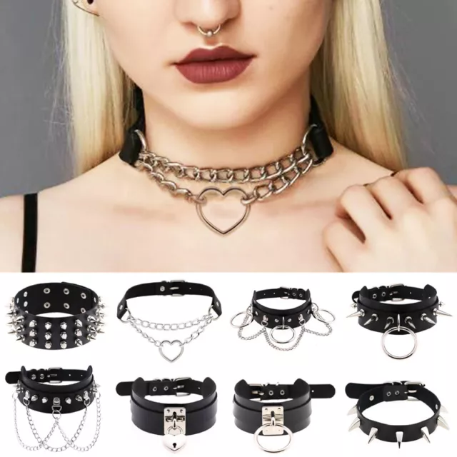 Women Gothic Leather Punk Choker O-Ring Chain Spike Rivet Buckle Collar Necklace