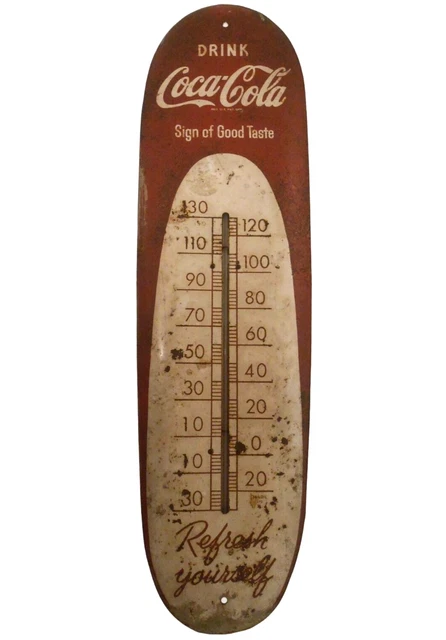 Scarce Drink Coca-Cola Vint Red & White Enml, Pressed Tin Cigar Wall Thermometer