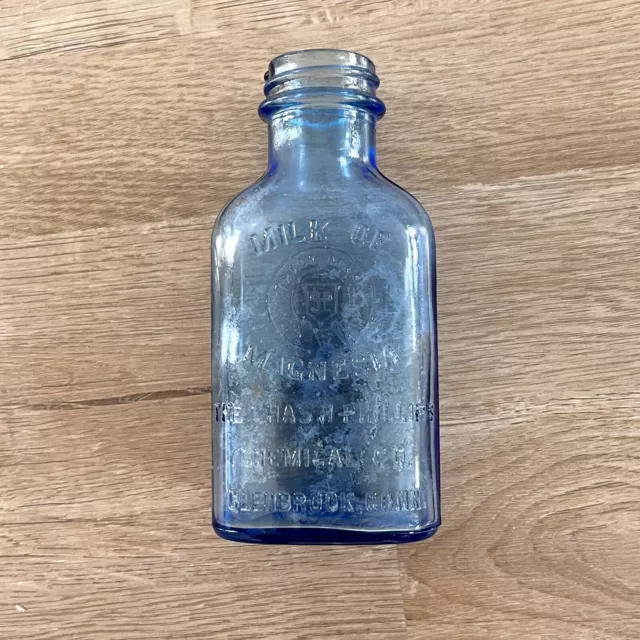 Vintage 1930s Milk of Magnesia Chas H Phillips Chemical Co Blue Glass Bottle