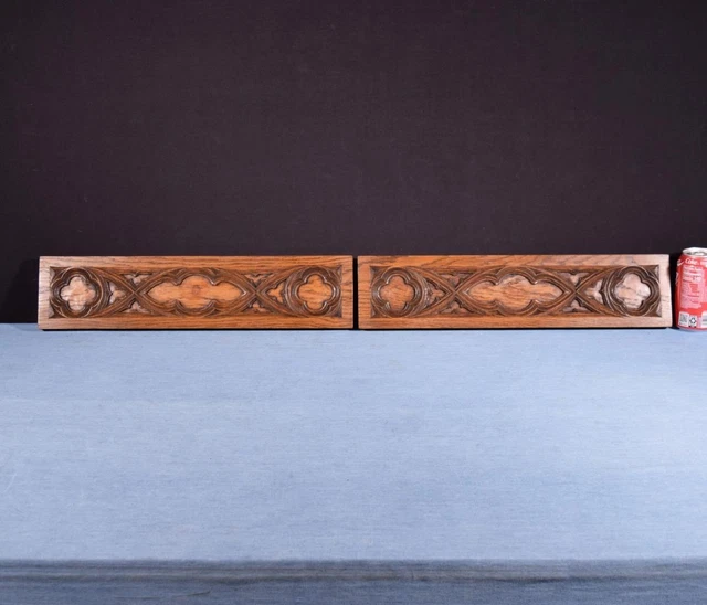 *Pair of Antique Gothic Carved Drawer Panels/Trim in Solid Oak Wood Salvage 2