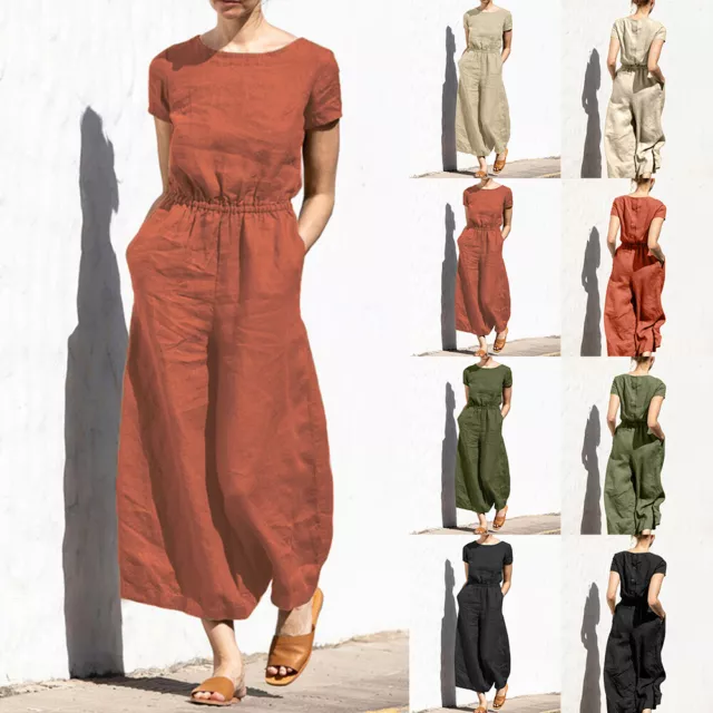 Womens Cotton Linen Loose Jumpsuit Romper Ladies Summer Wide Leg Playsuit Pants