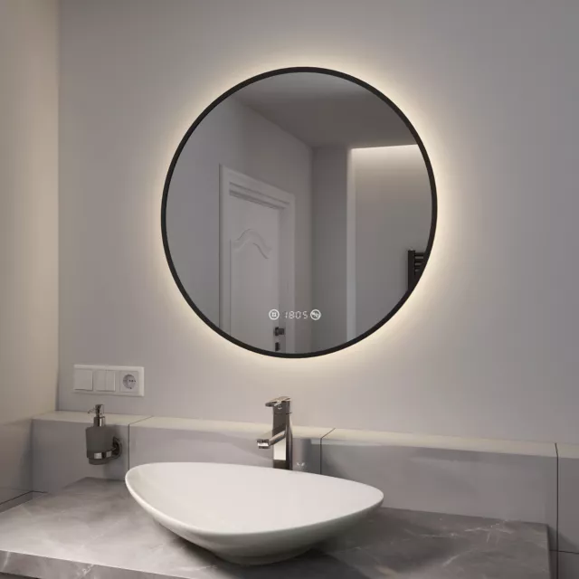 EMKE LED Badspiegel Rund Spiegel mit Beleuchtung Schwarz Touch Antibeschlage Uhr