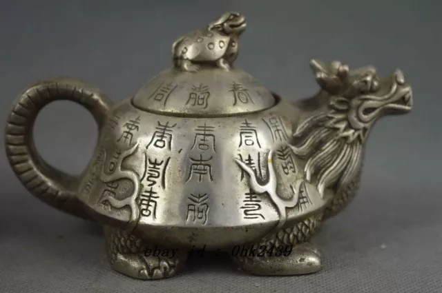 Collectible Handwork Miao Silver Carve Dragon & Tortoise Exorcism Lucky Tea Pots